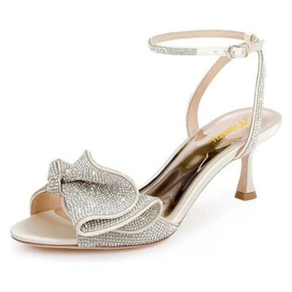 Women's Glitter Rhinestone Bow Heeled Sandal Elegant Crystal Ankle Strap Kitten